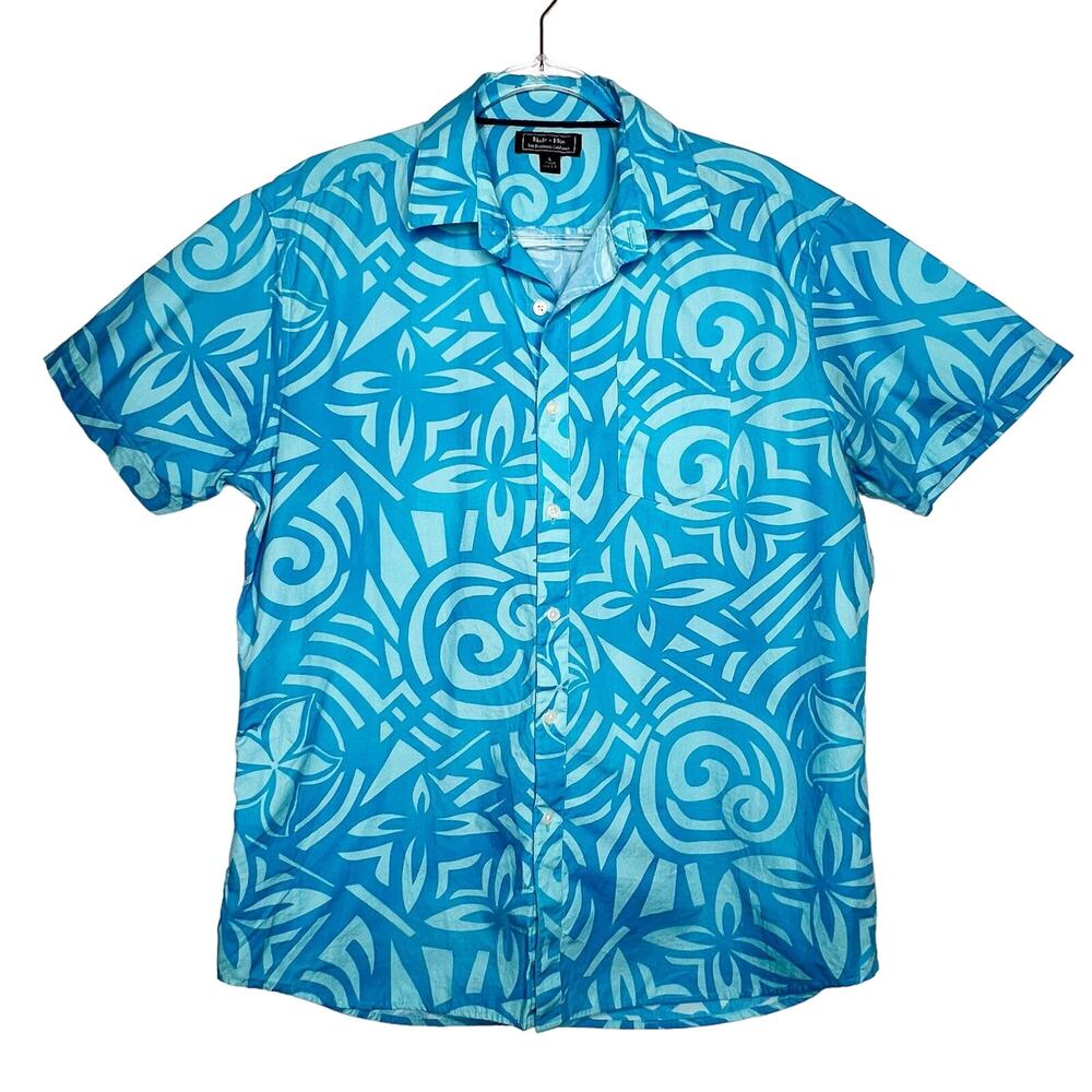 BLADE + BLUE Hawaiian Shirt Tropical Button Down Short Sleeve Light Blue Size L